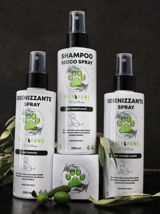 Kit Igiene Perfetta Manti Corti Poly4Paws: Rivitalizza il pelo del tuo cane con il nostro set esclusivo di shampoo secco, igienizzante per zampe e pelo, e igienizzante per la cuccia.