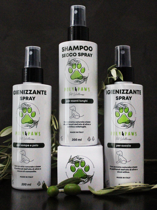 Kit Igiene Perfetta Manti Lunghi Poly4Paws: Rinnova la bellezza naturale del pelo del tuo cane con il nostro set esclusivo di shampoo secco, igienizzante zampe e pelo e igienizzante cuccia.