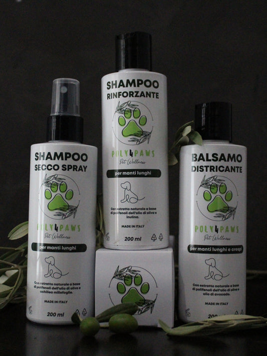 Kit Poly4Paws per Manti Lunghi: Restituisci al pelo del tuo cane la sua bellezza naturale con il nostro esclusivo set di shampoo secco, balsamo districante e igienizzante.