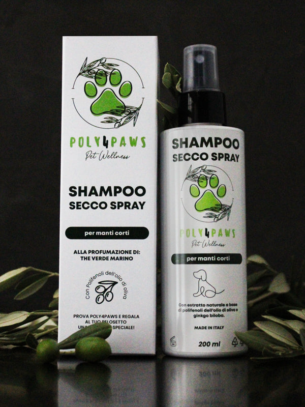 Shampoo Secco Spray Manti Corti Poly4Paws: Pulizia Rapida e Nutrimento Intenso con Fragranza Delicata - Rinfresca e nutre il pelo con azione antinfiammatoria e idratante.