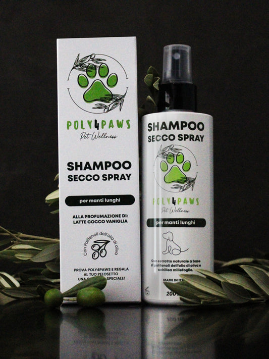 Shampoo Secco Spray Manti Lunghi Poly4Liquid: Nutrimento Intenso e Profumo Avvolgente per il Tuo Cane - Rinfresca, idrata e ravviva il pelo con delicatezza.