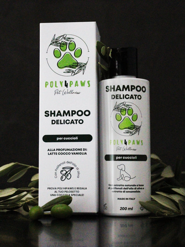 Shampoo Cuccioli Poly4Paws: Coccole Delicate per la Pelli Sensibile del Tuo Piccolo Amico – alla profumazione di latte cocco vaniglia.