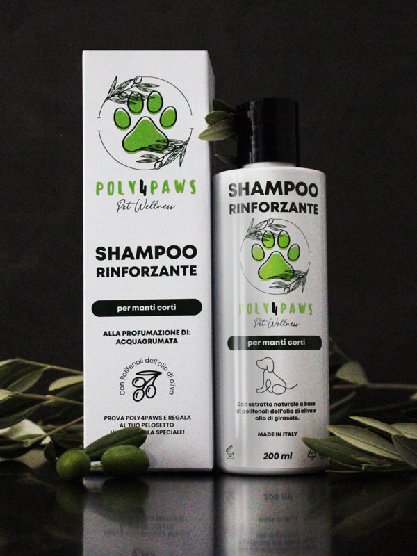 Shampoo Pelo Corto Poly4Paws: pulizia profonda e nutrimento per il tuo amico a quattro zampe, con una profumazione fresca all'acquaagrumata che dona splendore al pelo.